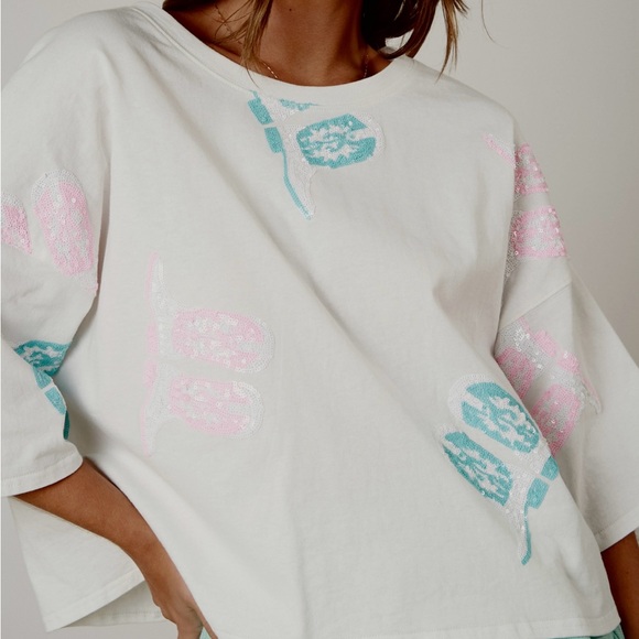 🤠Oversized crop giddy up and boot scoot tee sequin boots pink turquoise cowgirl - Picture 3 of 6